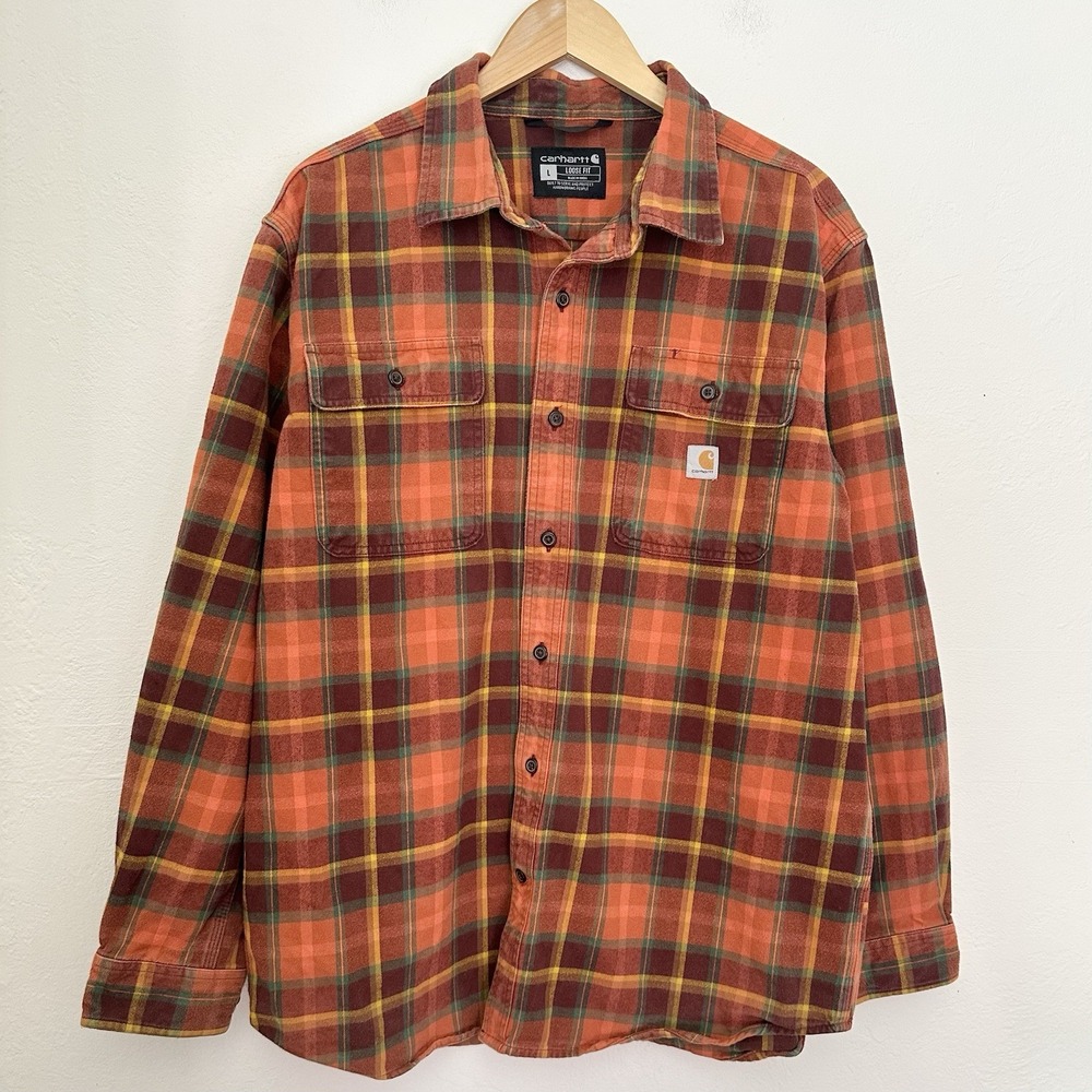 Carhartt Flannel Shirt Men's Large Loose Fit Orange Plaid Heavyweight button up